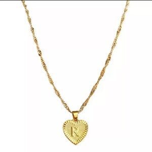 Gold Heart Initial Letter Necklace Charm Minimal R